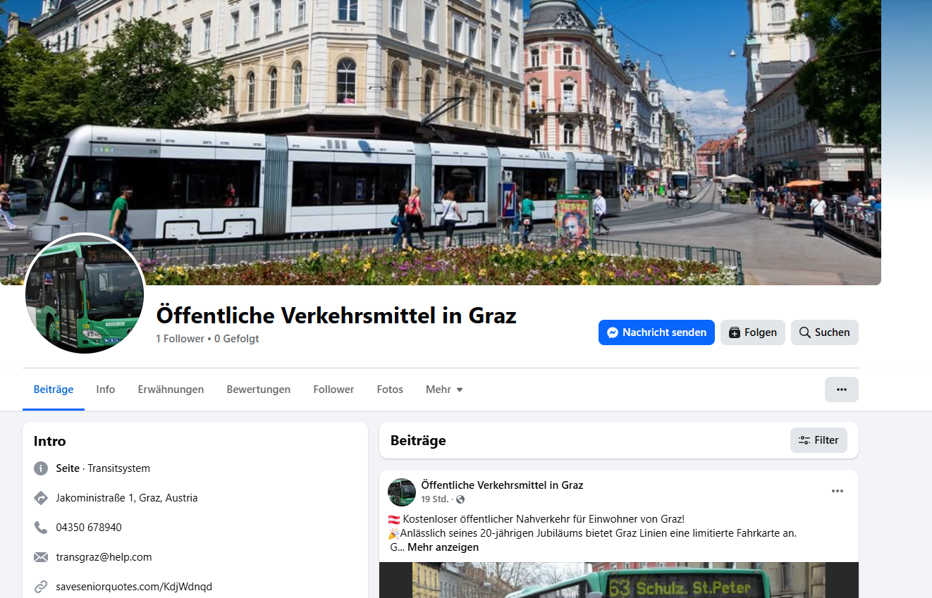 Screenshot der Facebook-Seite "Öffentliche Verkehrsmittel in Graz" mit Straßenbahn und Bus.