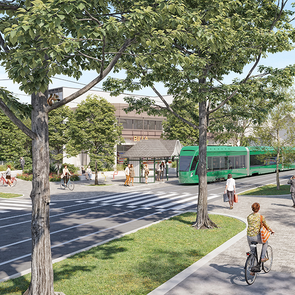 Grüne Straßenbahn an Billa Haltestelle in Graz mit Passanten.