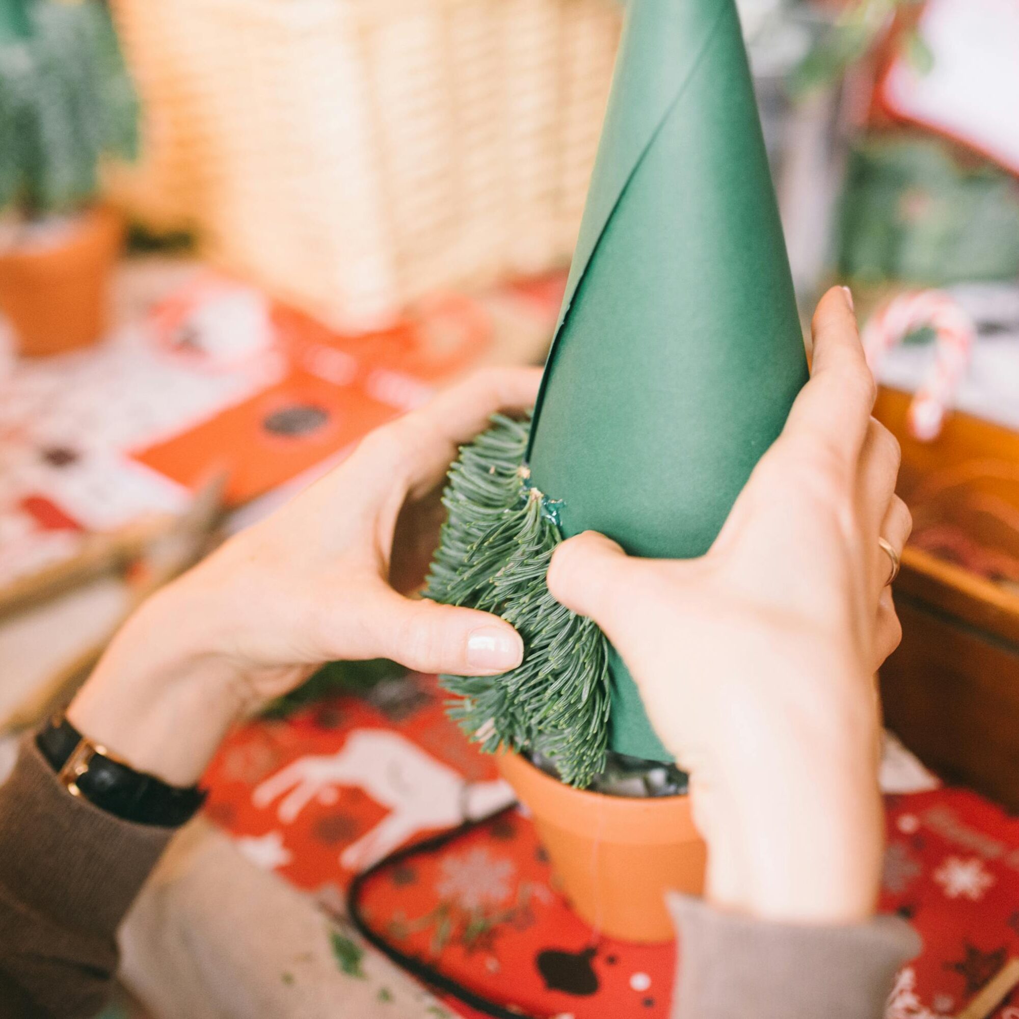 Eine Person bastelt einen kleinen Weihnachtsbaum.