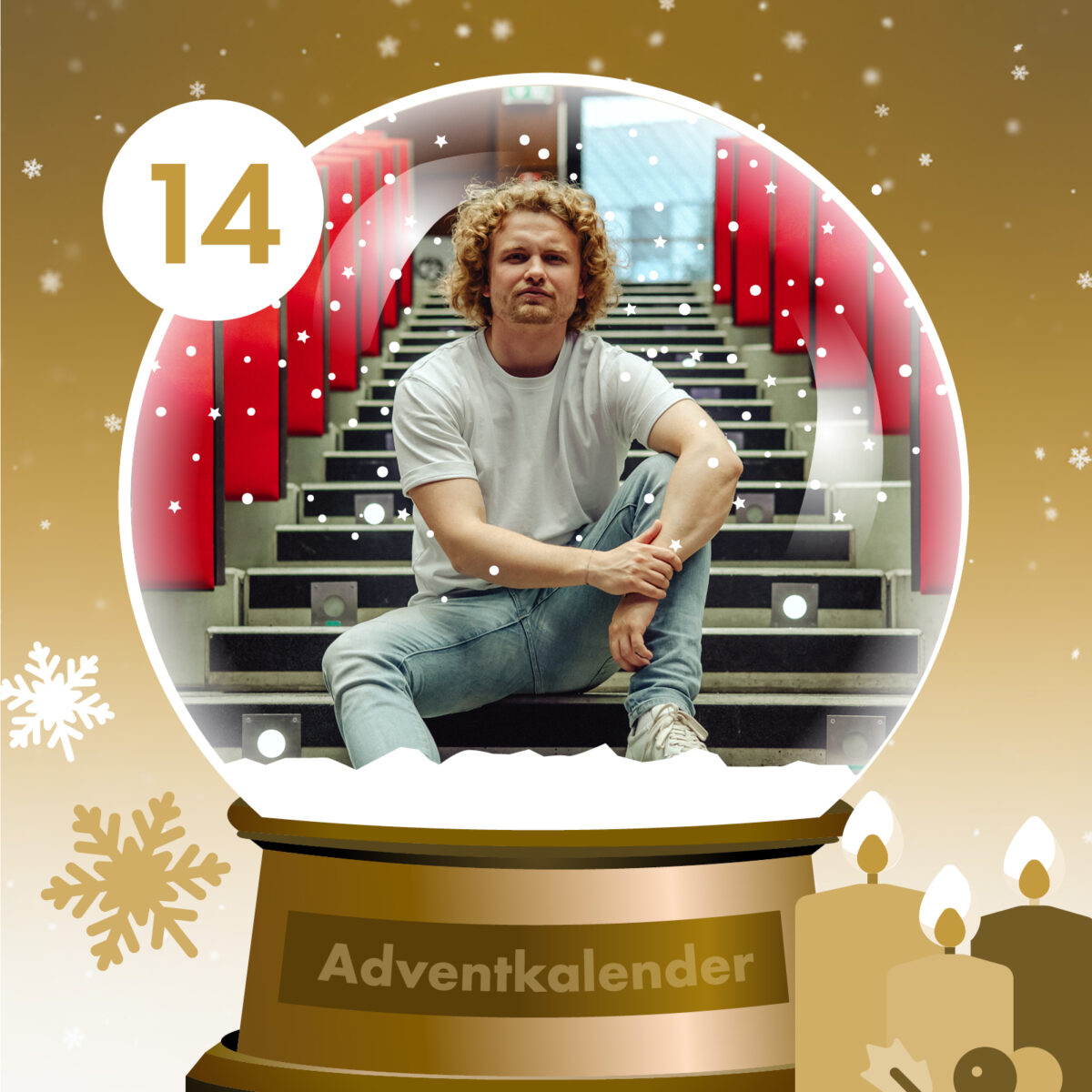 Schneekugel-Adventskalender Tag 14 mit Mann auf Treppe.