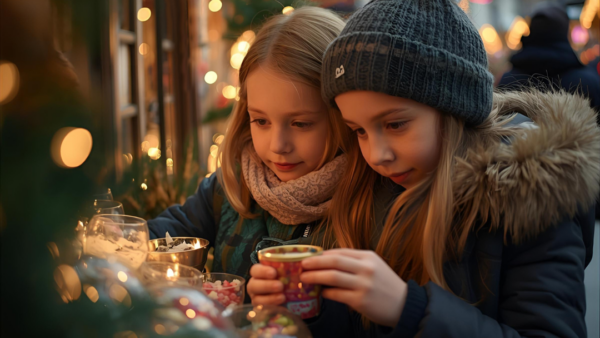 Zwei Mädchen auf dem Weihnachtsmarkt in Graz betrachten Süßigkeiten.