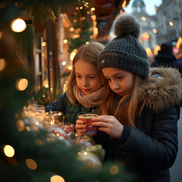 Zwei Mädchen auf dem Weihnachtsmarkt in Graz betrachten Süßigkeiten.