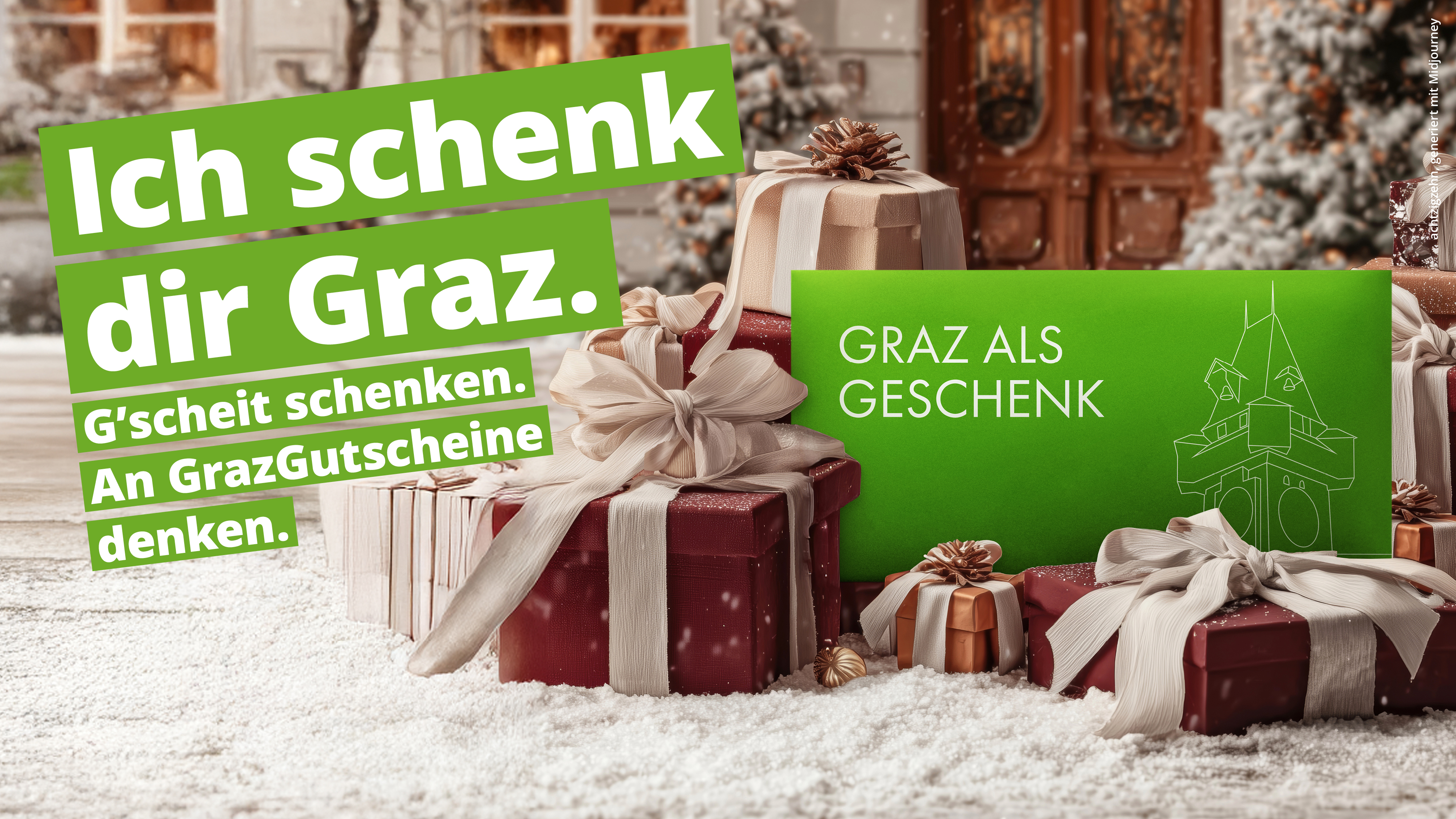 Geschenkwerbung mit Text "Ich schenk dir Graz" und Graz Gutschein.