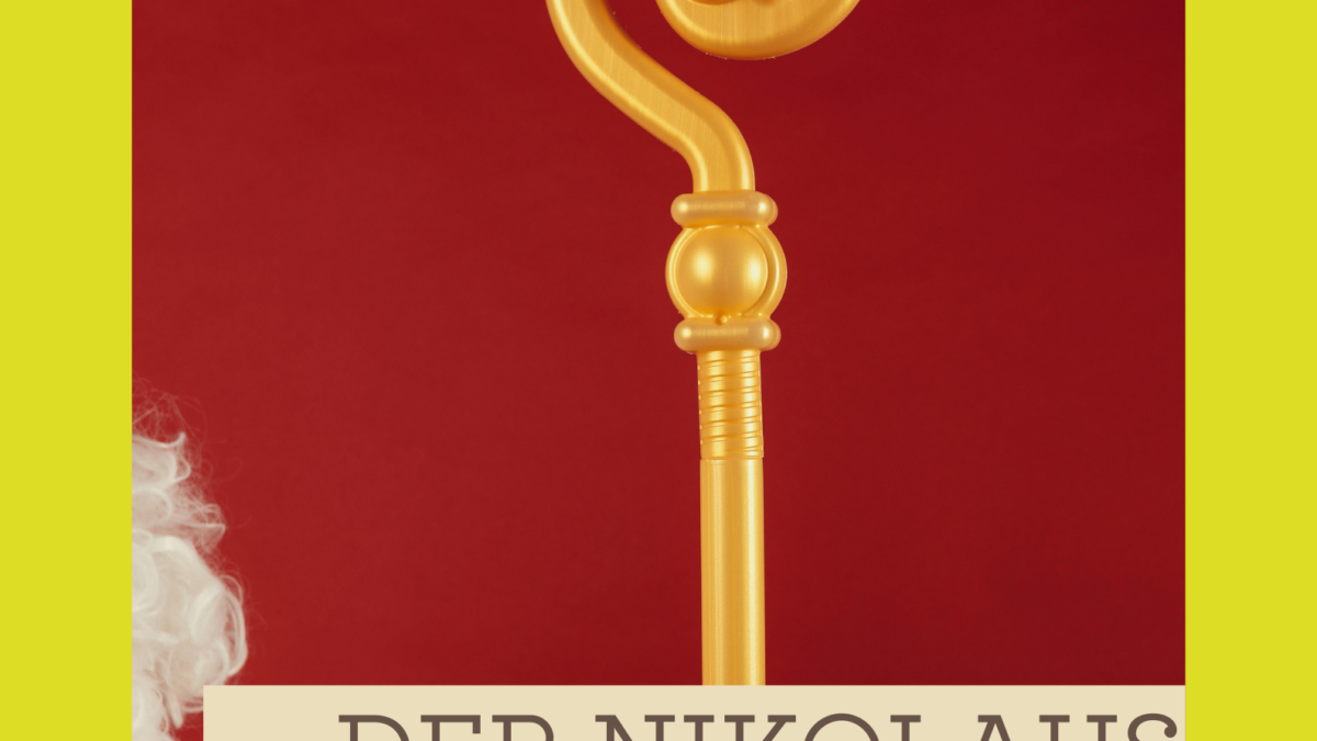 Gelber Hintergrund mit dem Text "Kinder", Nikolaus mit Stab. "Der Nikolaus kommt ins Kindercafé, Samstag, 6.12.2025".