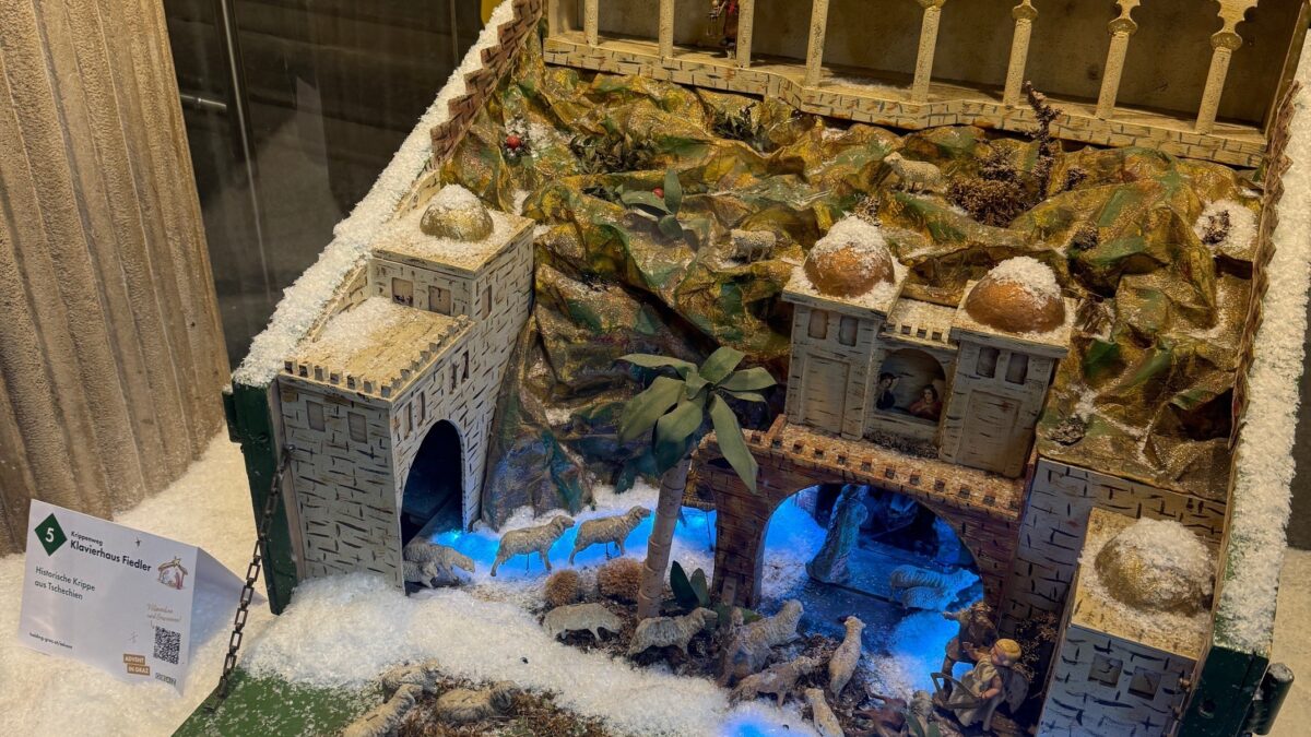 Krippe im Schaufenster, wahrscheinlich in Graz, mit "Ordinationen 1. Stock".