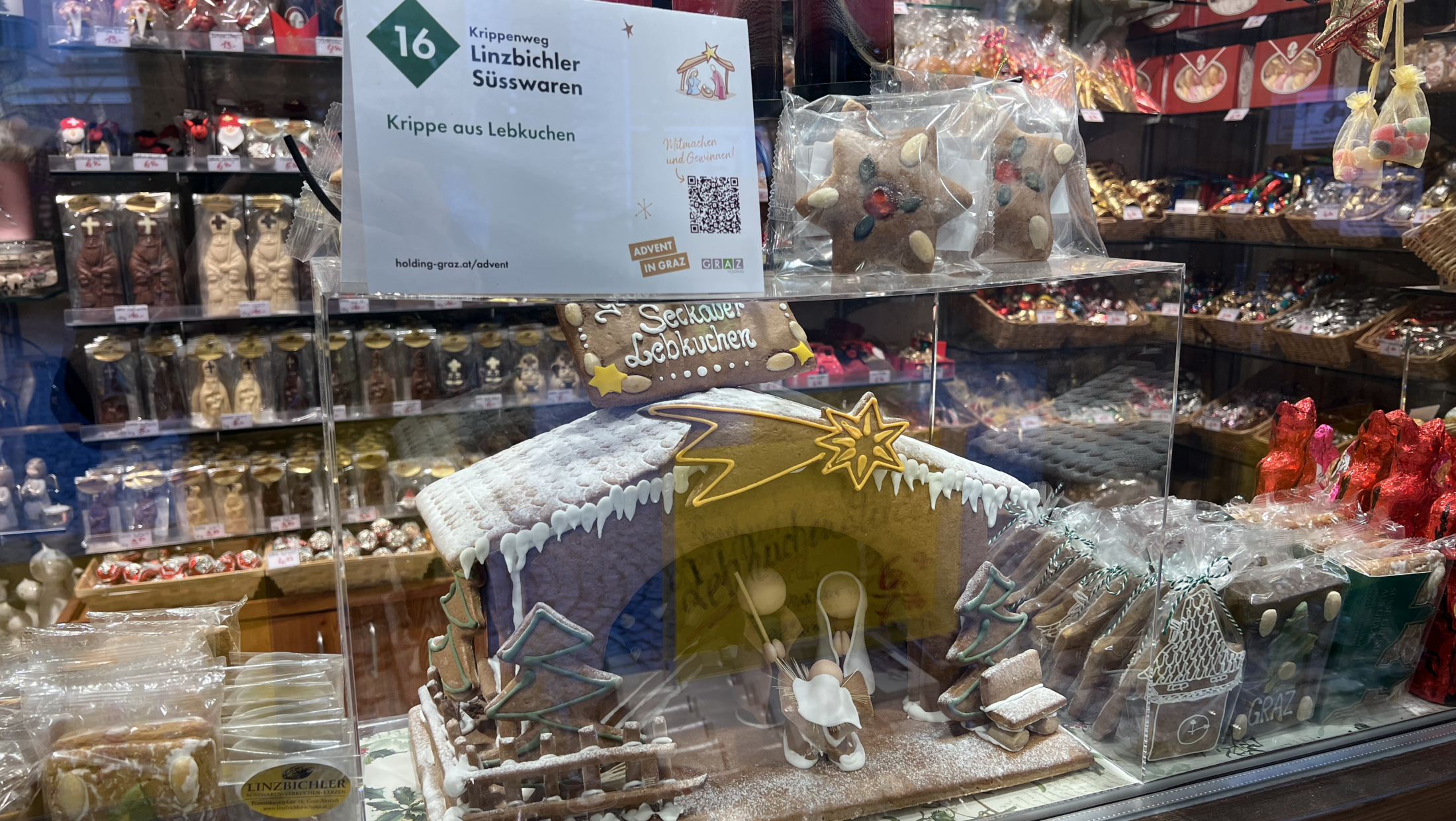 Schaufenster Linzichler Süsswaren, Graz. Lebkuchen-Krippe, "Seckauer Lebkuchen".