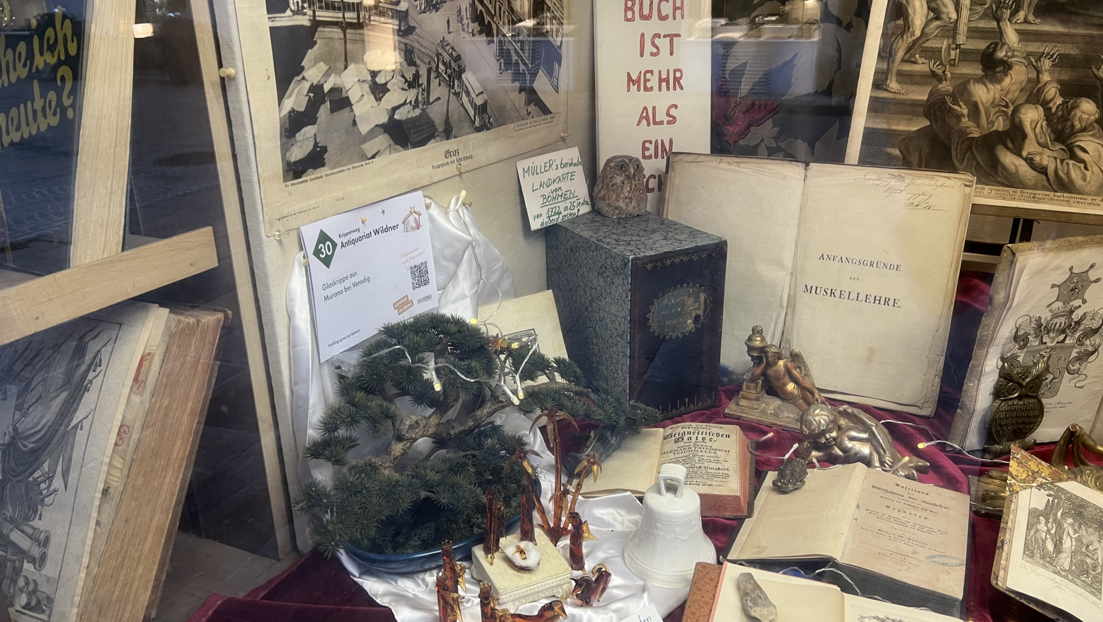 Ein Schaufenster mit alten Büchern, einer Krippe aus Murano-Glas und einer Zeichnung von Graz.