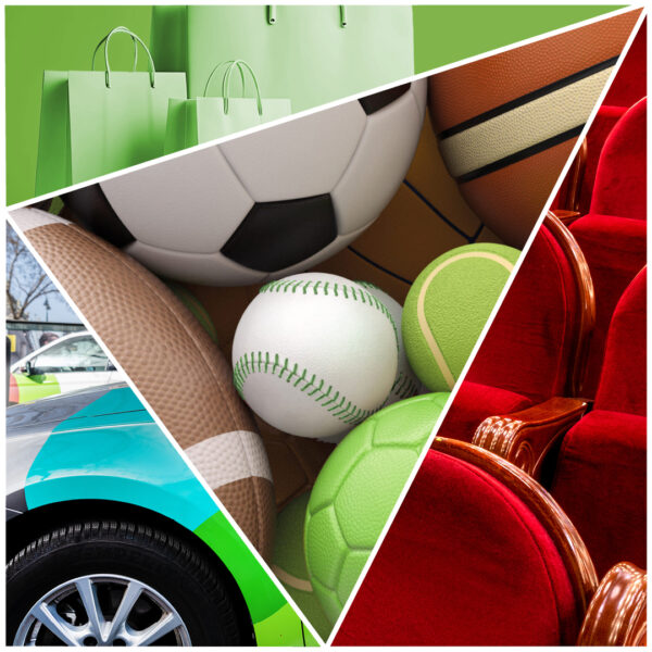 Collage: Einkaufstüten, Sportbälle, Auto, rote Theatersitze.