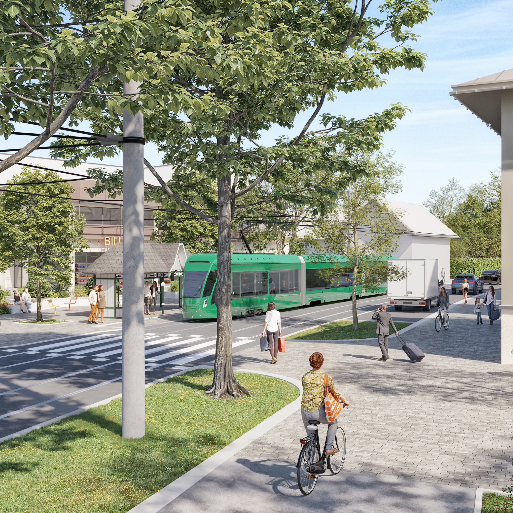 Grüne Straßenbahn in Graz. Menschen gehen und fahren Fahrrad. Gebäude im Hintergrund.