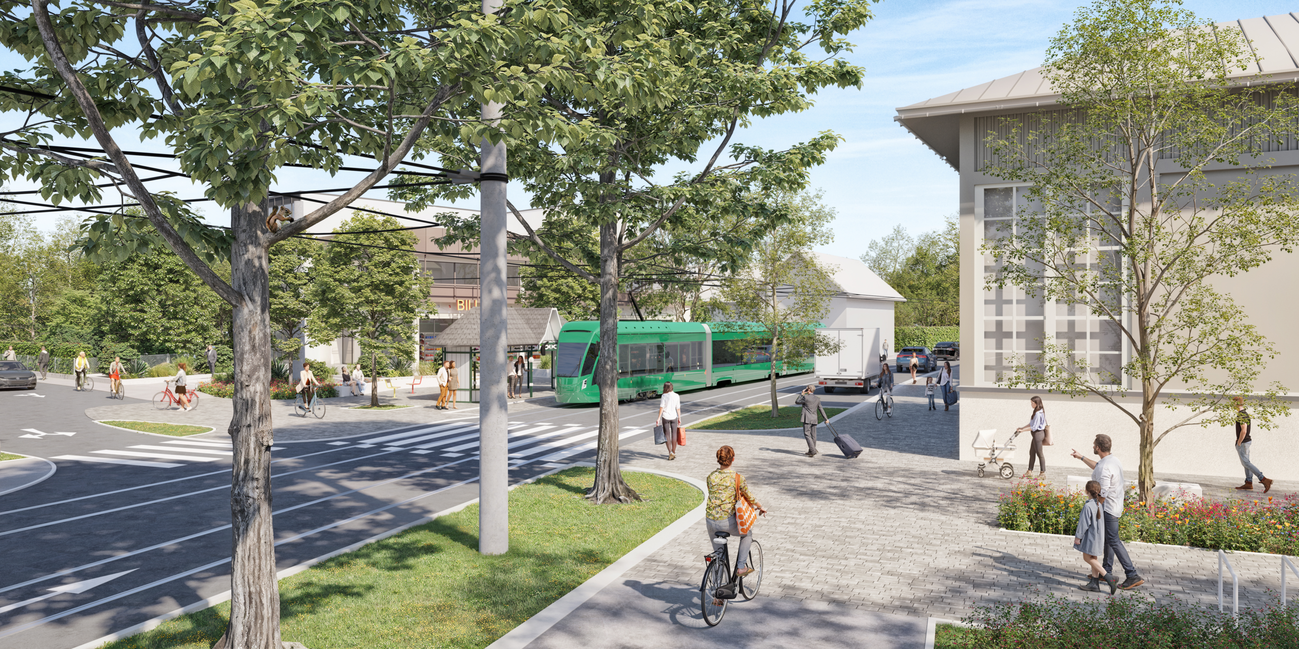 Grüne Straßenbahn in Graz. Menschen gehen und fahren Fahrrad. Gebäude im Hintergrund.